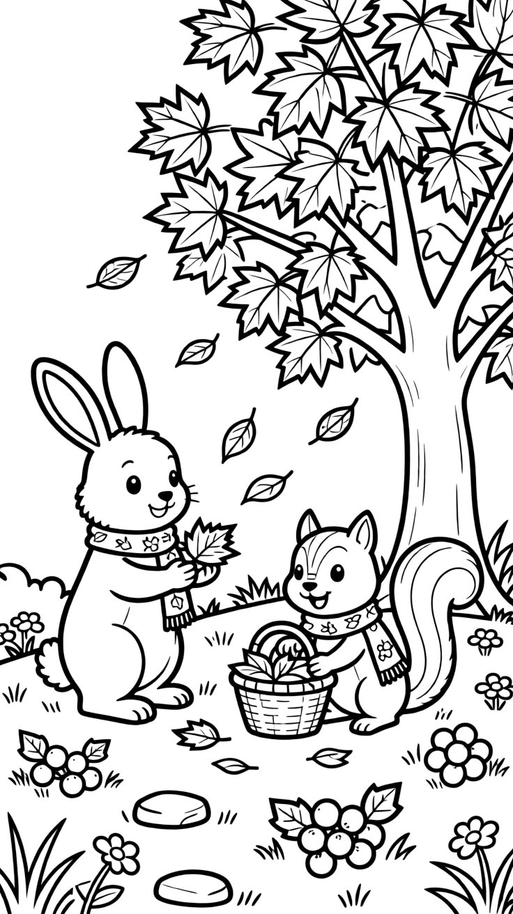 A fluffy bunny on a mountaintop meadow, helping gather fallen leaves with a chipmunk, next to a maple tree in autumn colors, with ripe berries scattered on the ground.