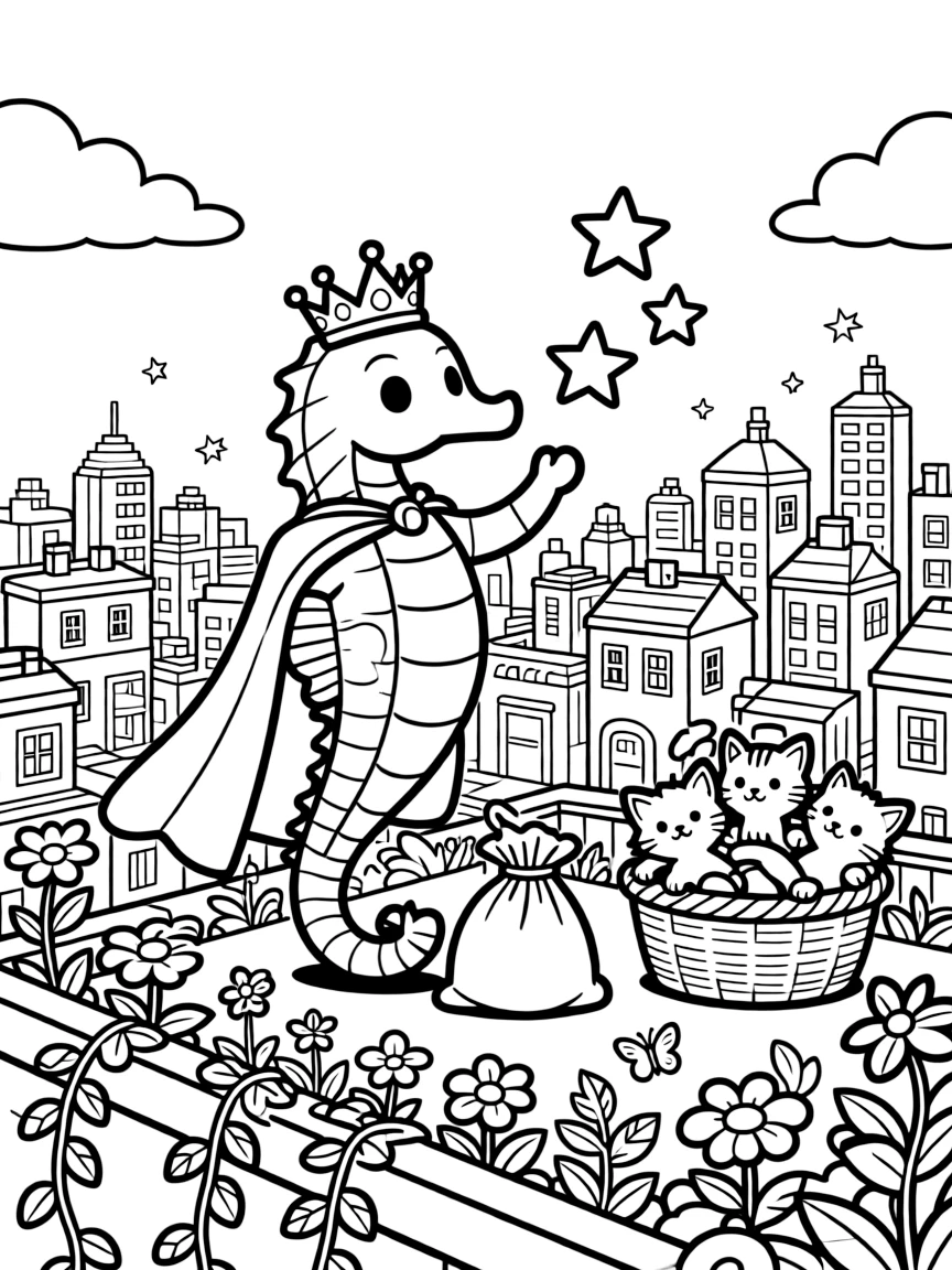 Sparkly and full of excitement, a seahorse royal guard spends the day juggling glowing stars pulled from a sack on a rooftop garden overlooking a busy toy-block city. Nearby, a basket of kittens tumbling over each other adds to the fun. The whole scene bursts with joy and adventure.