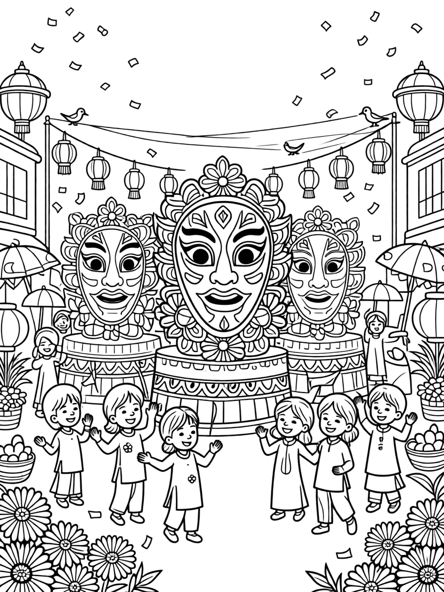 A coloring page capturing a joyful festival moment in Bangladesh: the Pohela Boishakh new year parade with giant painted masks and floats, surrounded by smiling children, decorations, and confetti in the air.