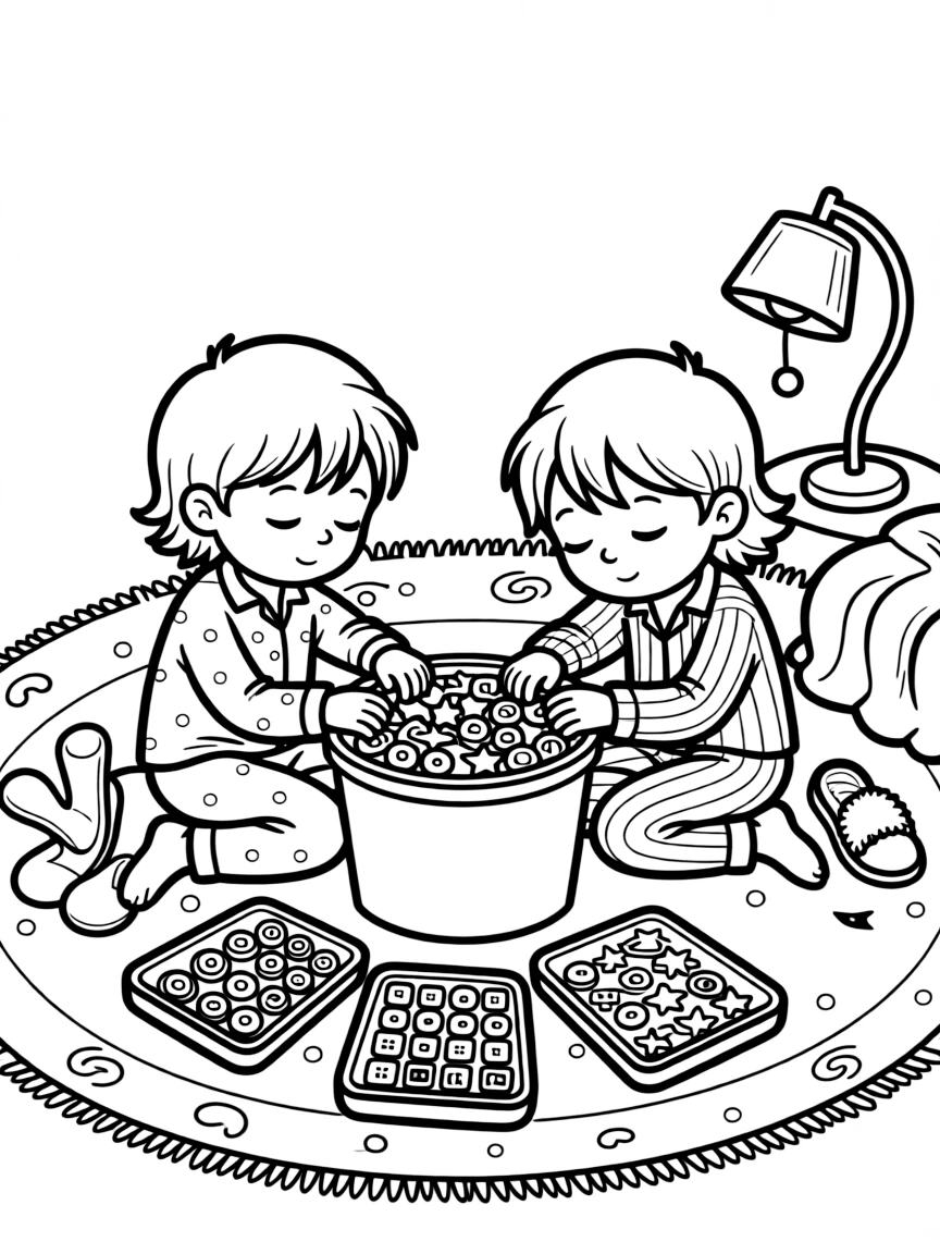 a sleepy pair of best friends sorts a bucket of buttons by shape into circles, squares, and stars.