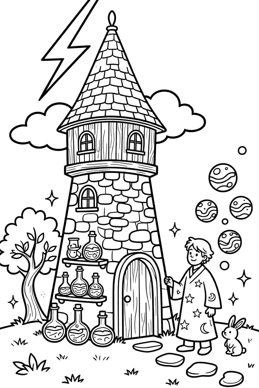 A wizard's tower is struck by a harmless lightning bolt that turns all his potions into cheerful, bubbling rainbow foam.