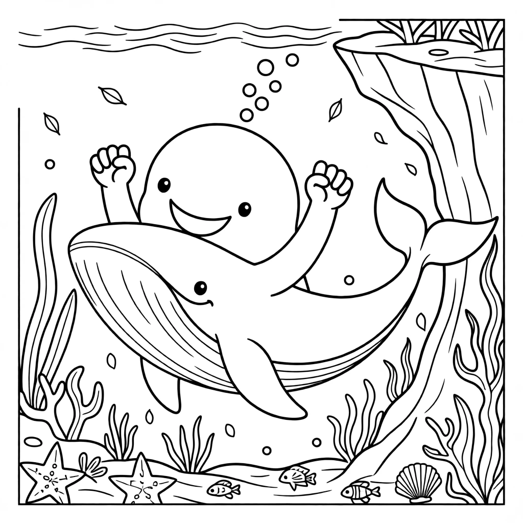 [Sea Creatures] a giant humpback whale gliding past a coral reef around a rocky underwater cliff, cheering with both fists raised, while seaweed sways gently in the current fills the surrounding area. Bubbles trail upward in a gentle stream. Set on a crisp autumn afternoon, with a light drizzle just ending, the page bursts with adventure and imagination.
