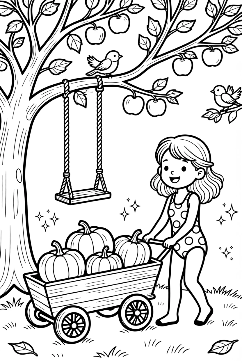 A girl swimmer in a polka-dot swimsuit is filling a wagon with freshly picked pumpkins in an orchard swing hanging from an old apple tree. Scattered nearby, a trail of glittering fairy dust and friendly songbirds perched close by complete the joyful scene.