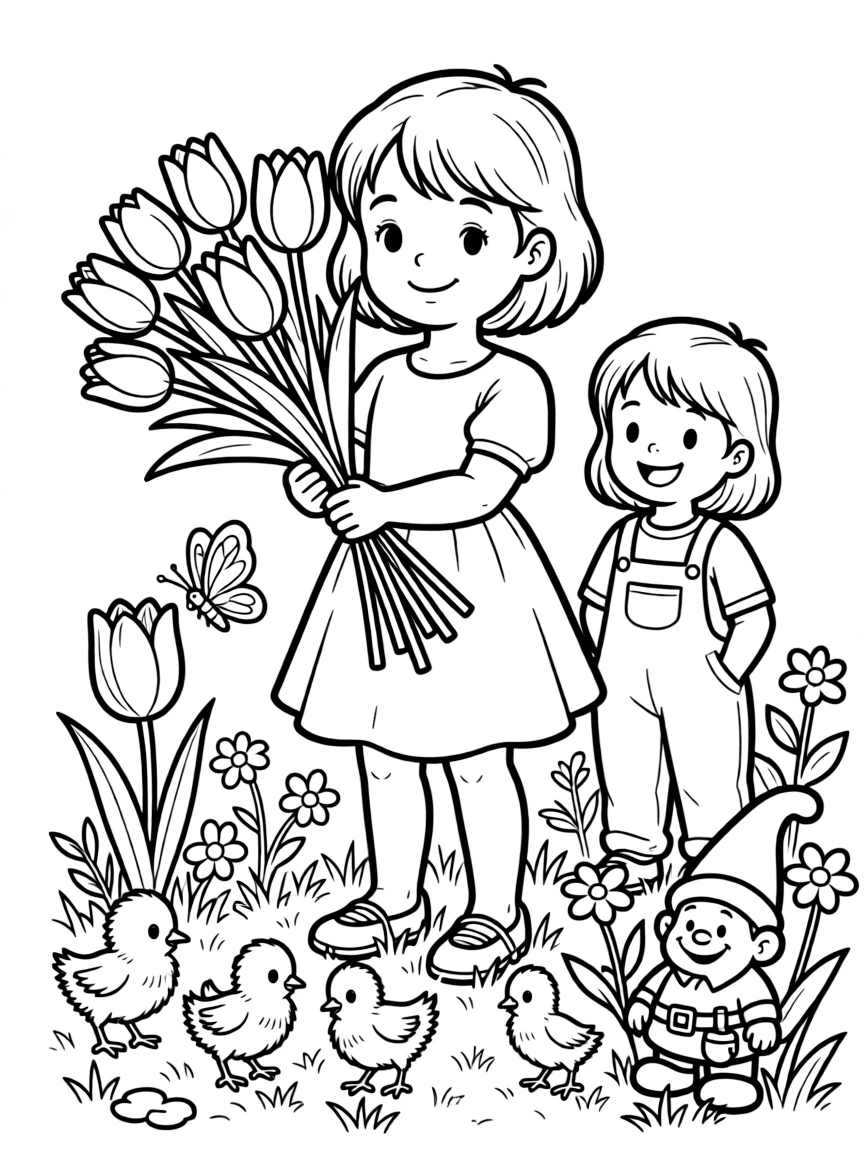 A child holding a bouquet of fresh tulips on a farm with newly hatched chicks in the grass, alongside a grinning child and a garden gnome peeking from the flowers, with a butterfly resting on a petal close by.