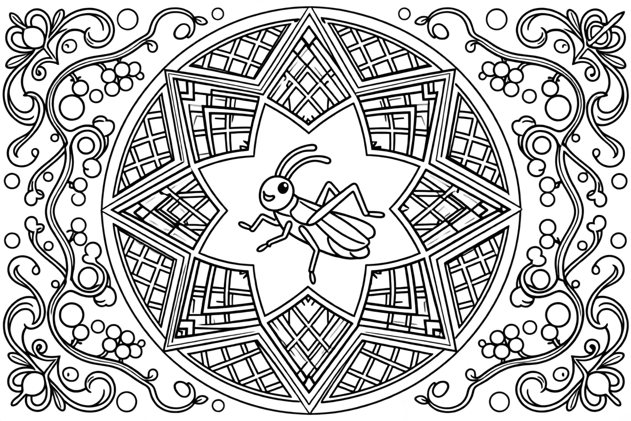 Insects & Bugs: The design turns a cheerful cricket mid-hop with long back legs into a kaleidoscope-style composition anchored by an eight-point star mandala framing the design. The imagery is reflected six times around a central point, so each wedge of the page mirrors the one beside it. Decorative details fill the surrounding space, including a grid of lattice diamonds, clusters of round bubbles, and twisting berry-vine garlands woven throughout the background. A playful extra touch completes the page: a tiny compass shape resting in one corner of the design.