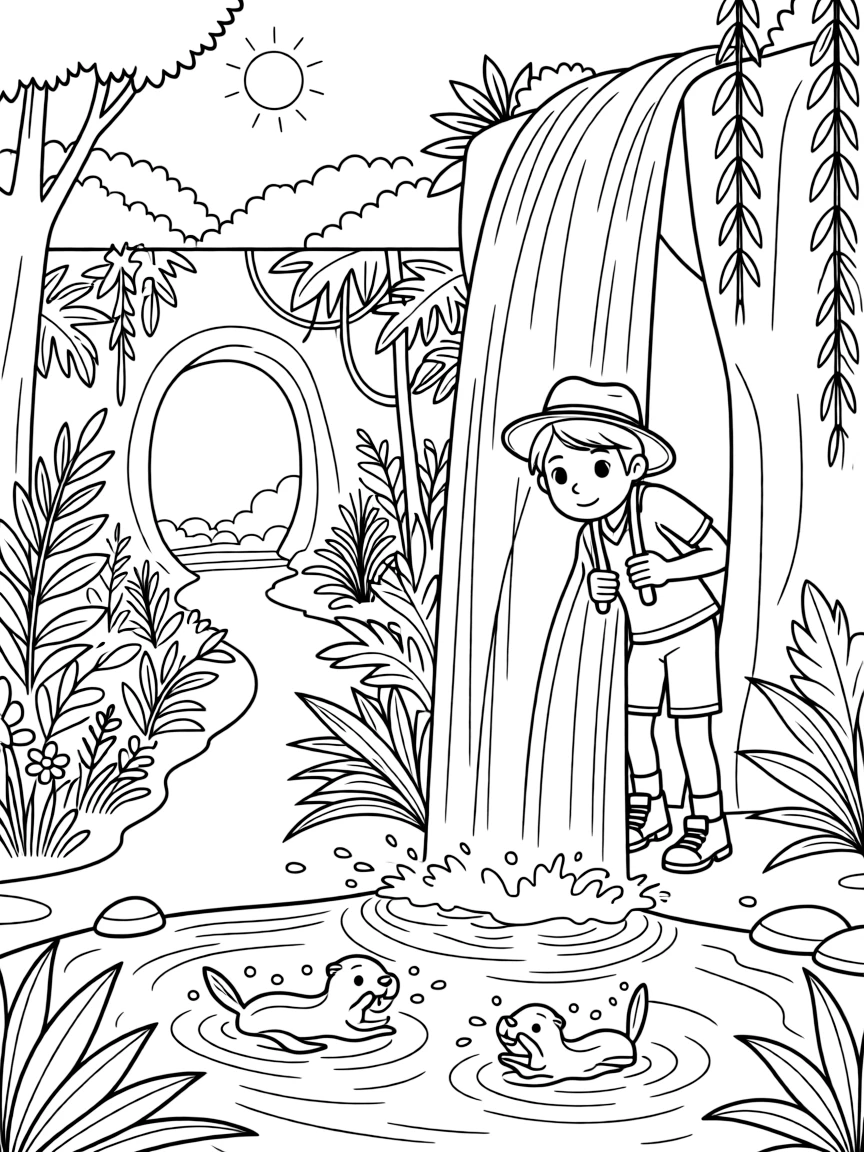 [Waterfalls] A brave young explorer stands behind a curtain of falling water, peeking out at a hidden jungle path. A family of otters plays in the swirling water at the base of the falls. A hidden cave sits behind the curtain of falling water, its entrance framed by hanging vines. The steady rush of falling water fills the air beneath a bright, clear sky.