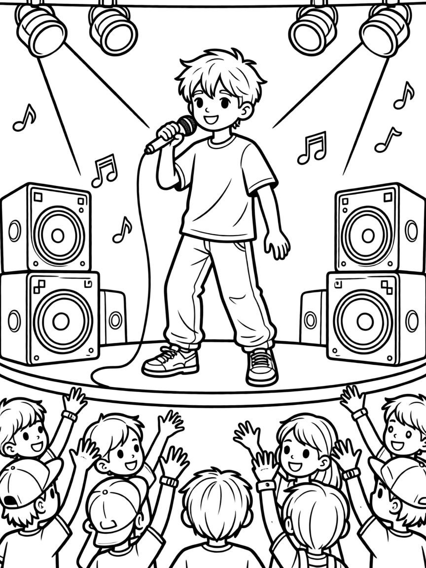 A rapper performs on stage holding a microphone with a cheering crowd below.