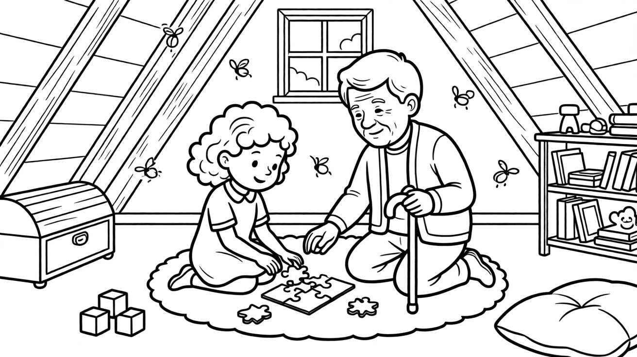 A curly-haired girl putting together a puzzle together with a grandparent using a cane in an attic playroom with fireflies glowing at dusk.