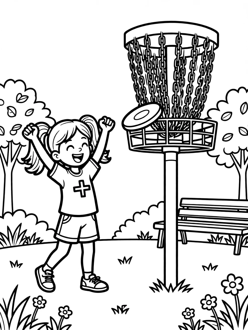 A determined girl with pigtails, celebrating as the disc rattles perfectly into the chains of the target basket.