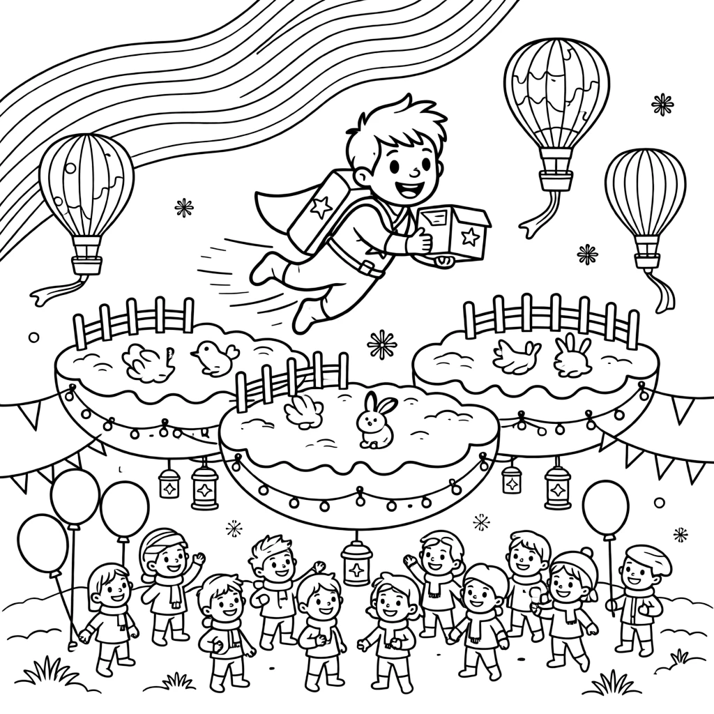 Cadet Frost, a friendly star-powered superhero kid delivering mail by jetpack across a cluster of floating platforms in a snow-covered tundra planet with auroras dancing overhead, as colorful hot-air balloons drifting overhead and a cheerful crowd gathered for a festival fill the scene.