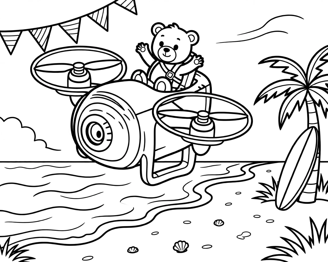 A big, friendly a buzzing camera drone hovering over a park rolls through a sunny sandy beach where waves roll onto the shore, with a teddy bear buckled safely into the passenger seat enjoying the ride and a string of triangle pennant flags overhead adding a playful touch.