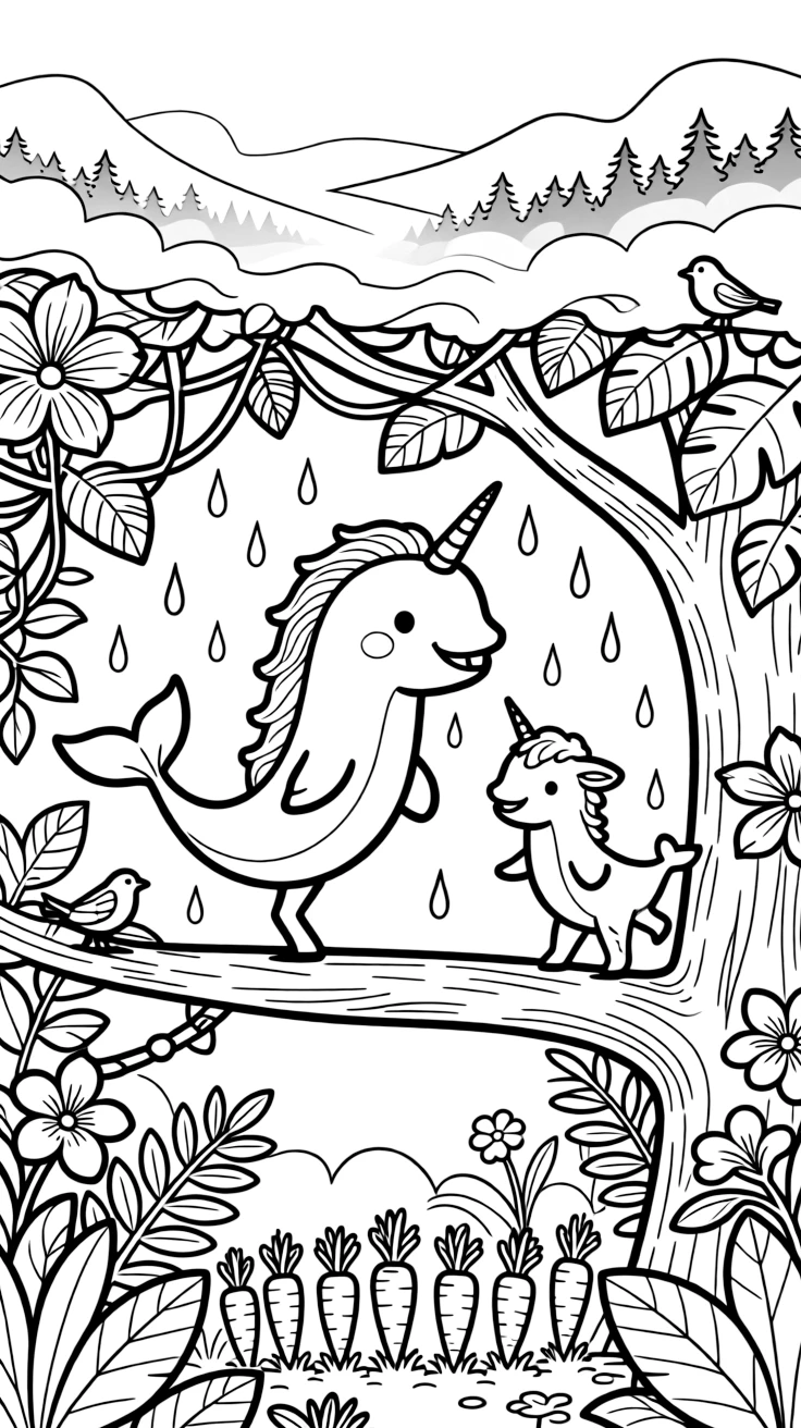 A narwhal in a bustling jungle canopy, dancing in the rain with a calf, next to a row of carrots, while morning fog rolls over the hills.