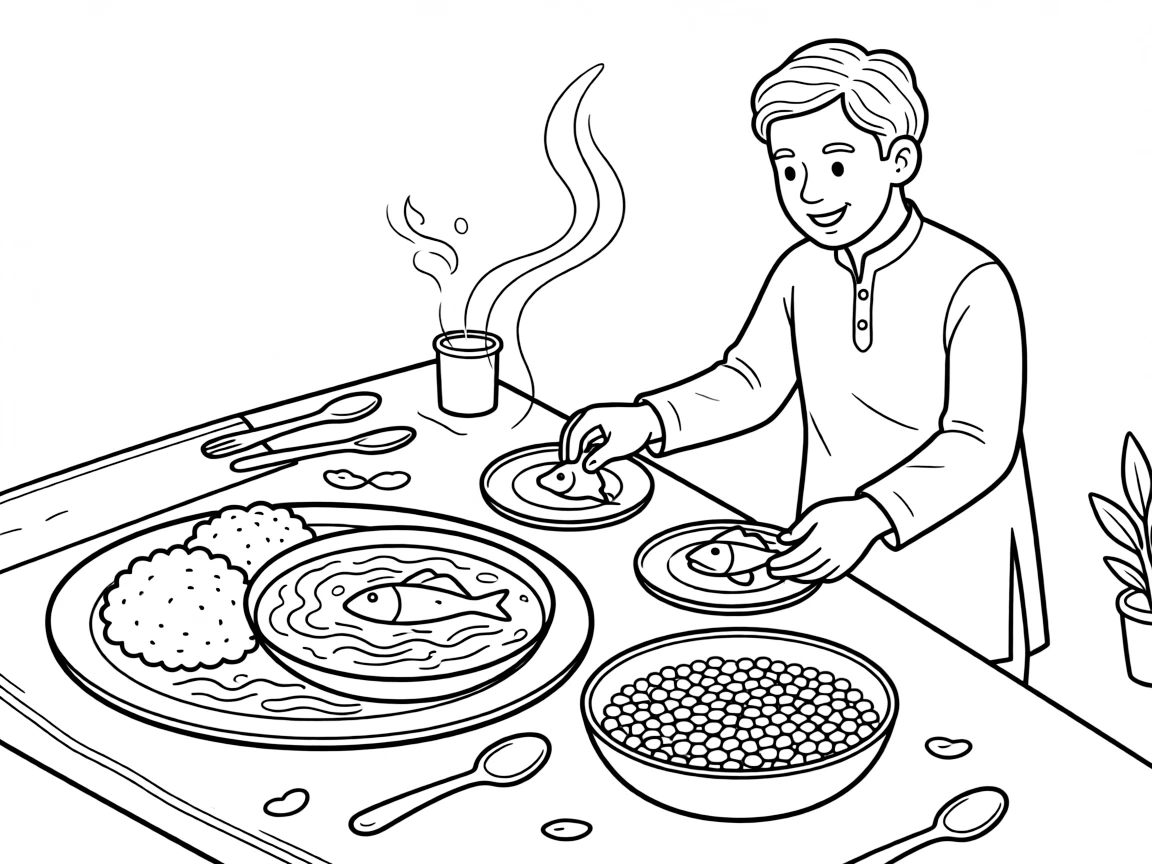 A coloring page showing a delicious spread from Bangladesh: a plate of rice and fish curry served with lentils, set out on a table with a friendly family member serving portions.