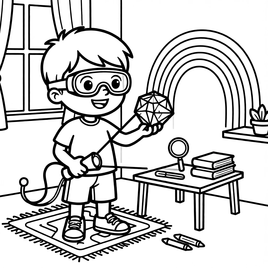 a mischievous small child in safety goggles creates a rainbow by shining a flashlight through a prism onto a wall.