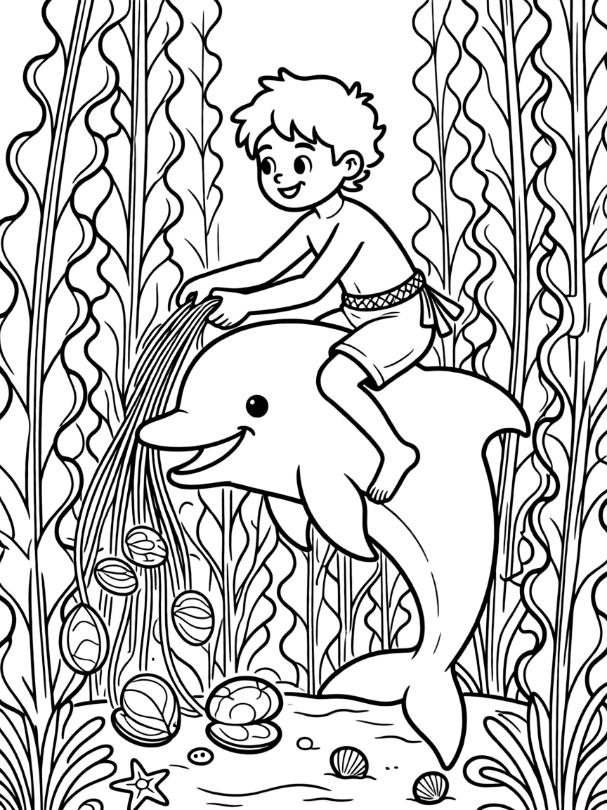 A merman fisherman rides a friendly dolphin through a kelp forest, checking traps woven from seaweed for glowing shellfish.