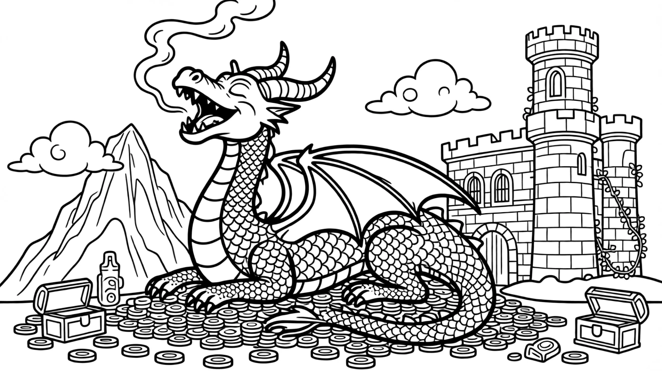 [Dragons] a golden dragon with curled horns napping on a pile of gold coins near an ancient stone castle, letting out a triumphant roar. Nearby, clouds drift lazily past the mountaintop. Its scales catch the light in interesting patterns. The scene is captured on a foggy morning, under clear blue skies, giving the page a lively and adventurous feel that invites plenty of colorful detail.