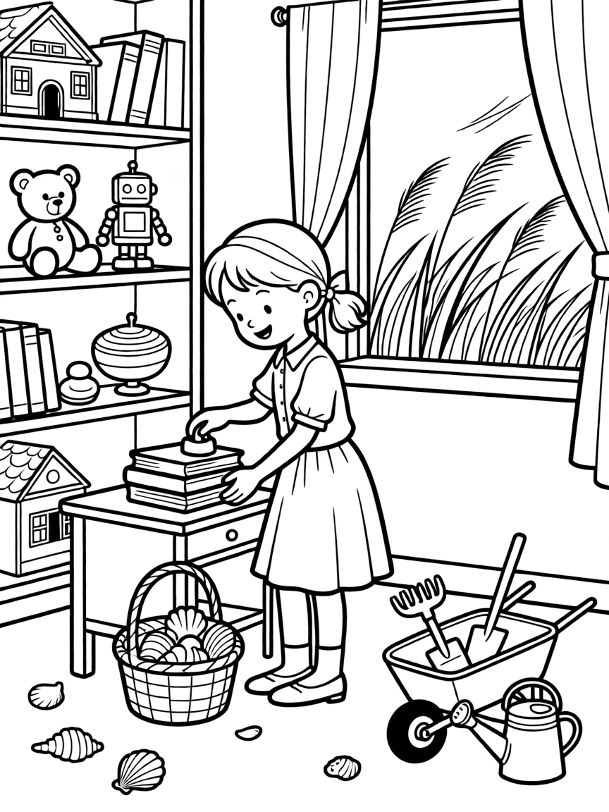 A girl librarian stamping a stack of books is gathering seashells into a woven basket inside a cozy attic playroom full of old toys. Scattered nearby, a wheelbarrow filled with garden tools and a gentle breeze rippling through tall grass fill the page with charm.