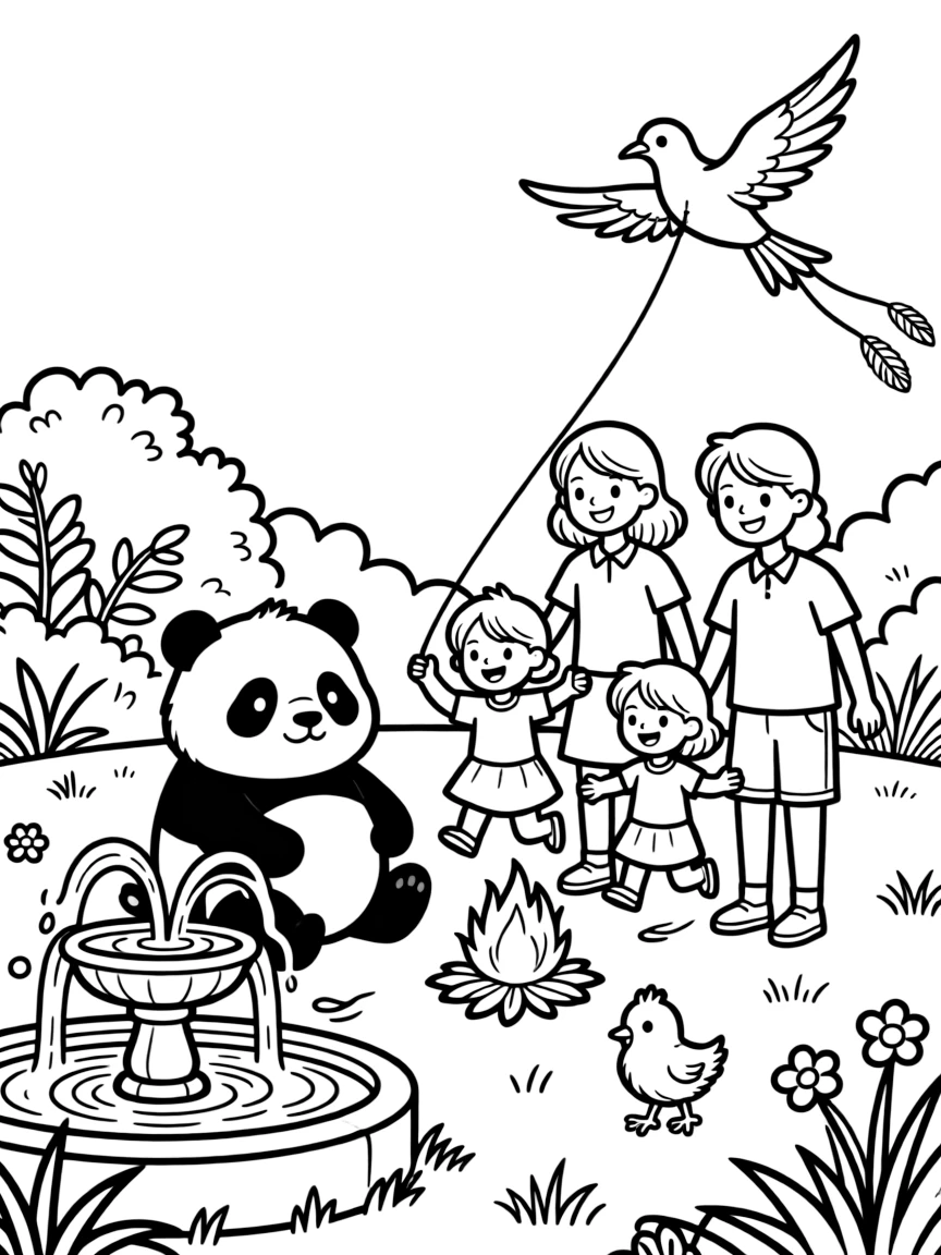 A chubby panda cub sitting beside a family jumping over a small bonfire in a green park with a bubbling fountain, with a kite shaped like a bird and a fuzzy baby chick scattered about.