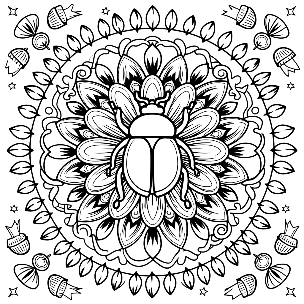 Insects & Bugs: The main subject is a beetle with a glossy rounded shell back, drawn as the focal point of a blooming flower-shaped mandala with layered petal rings. It is placed dead center, with the surrounding rings mirrored perfectly across every direction. Decorative details fill the surrounding space, including loops of ribbon curling back on themselves, clusters of tiny acorns, and rows of teardrop-shaped petals woven throughout the background. A playful extra touch completes the page: a scattering of small stars filling in any open gaps in the pattern.