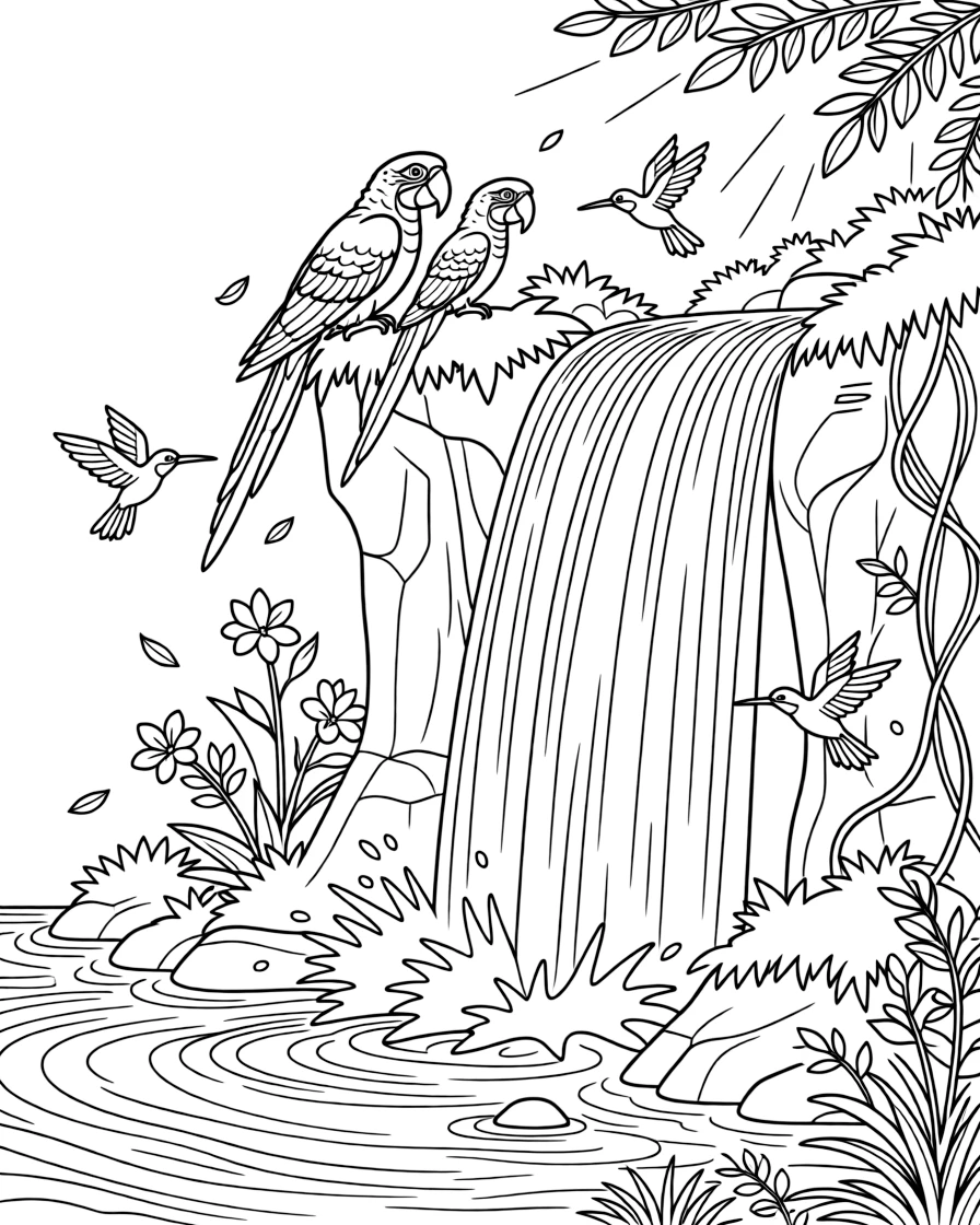 [Waterfalls] A pair of colorful macaws perch on a mossy ledge overlooking a thundering waterfall. Hummingbirds dart between blossoms growing on the rocks beside the tumbling water. Moss-covered boulders and tangled vines surround the base of the roaring waterfall. Late afternoon sun filters through the leaves, glinting off every droplet of spray.