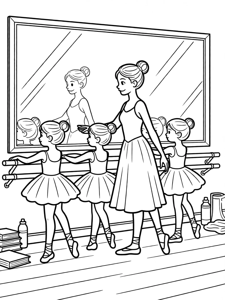 A ballet teacher guides young students through positions at a mirrored studio barre.