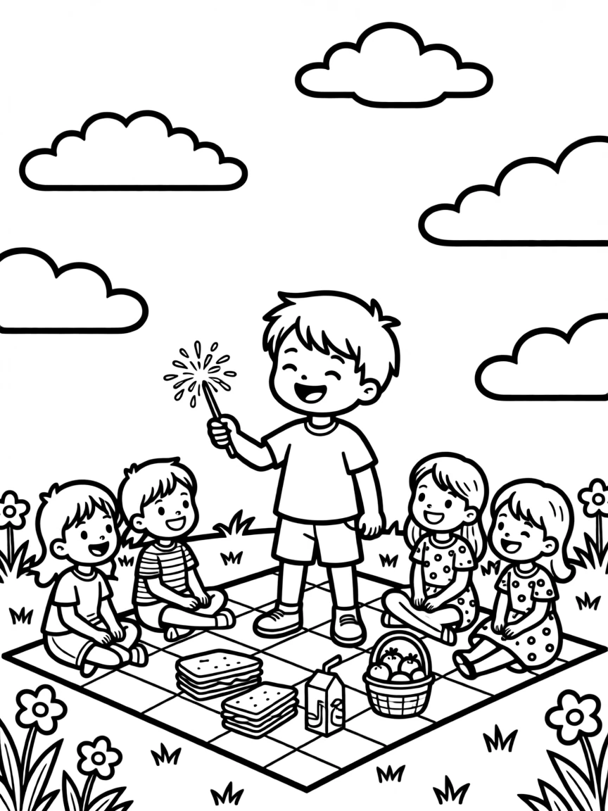 A giggling boy lighting a sparkler during a family reunion picnic with classmates while fluffy clouds drift by.