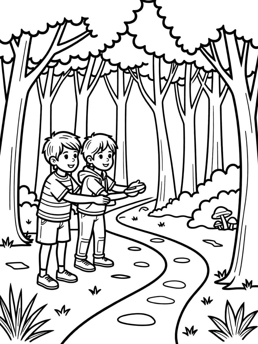 A pair of best friends, lining up a tricky throw around a cluster of trees on a forest path.