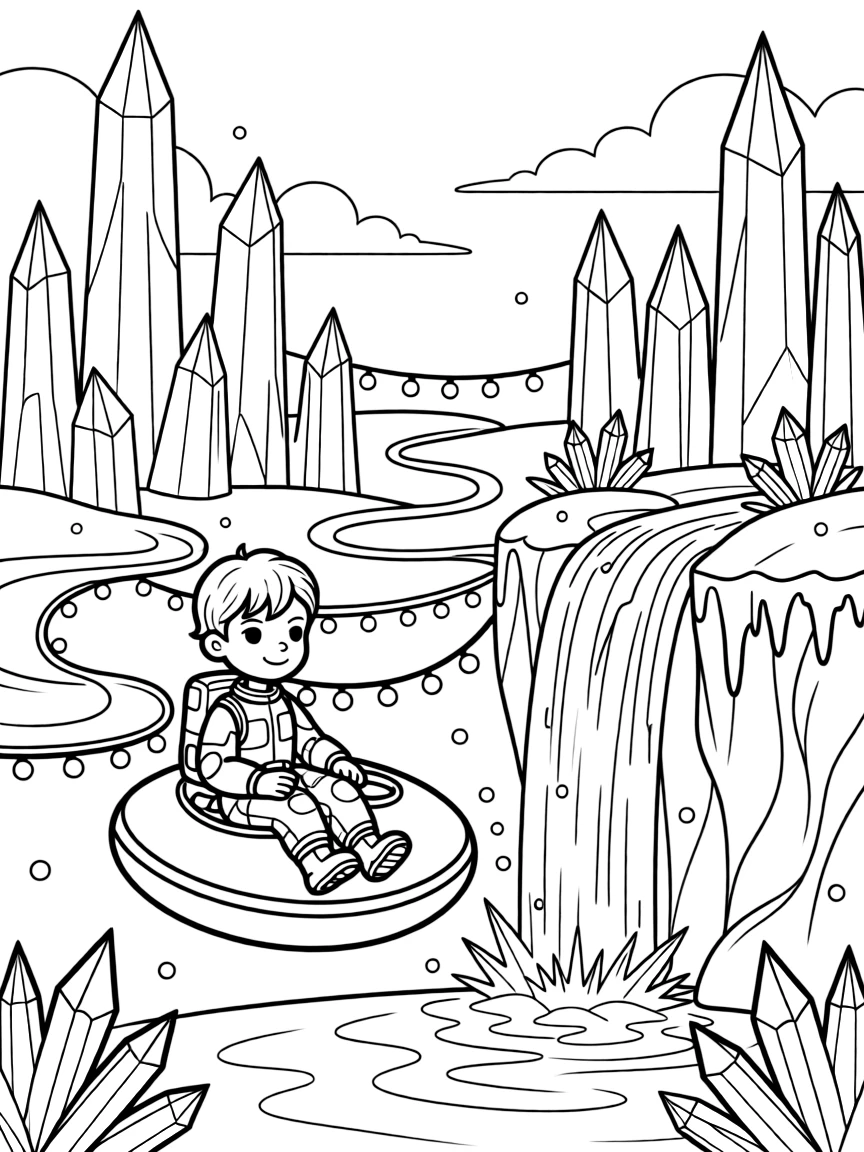 In a shimmering ice planet dotted with crystal spires, Nyxa, a tiny alien explorer riding a floating pod collecting rainbow-colored ice crystals from a frozen waterfall, while twinkling string lights strung between floating platforms adds to the excitement.