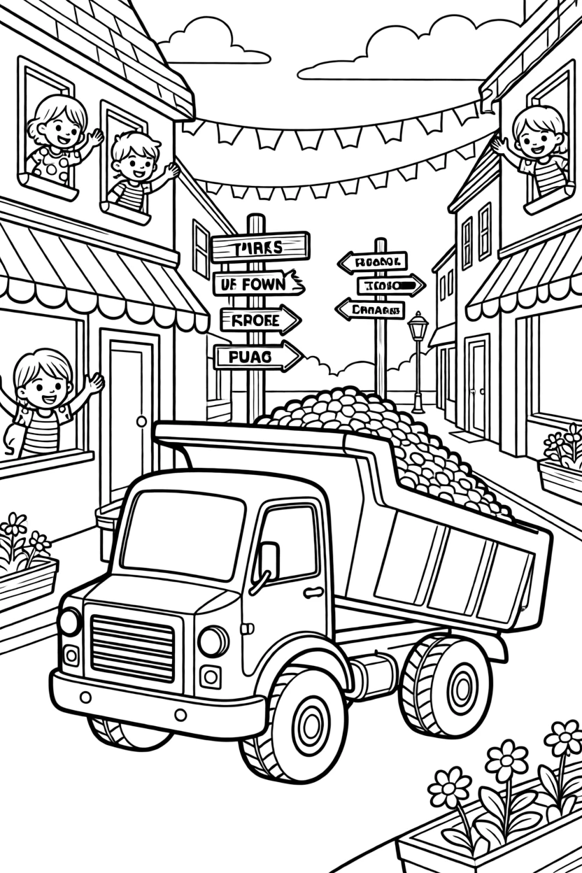 This page centers on a dump truck tipping a mountain of gravel exploring a small town main street decorated with fluttering flags, featuring a group of cheerful kids waving from the windows and little extras like an old wooden signpost pointing to faraway towns and road signs pointing toward fun destinations.