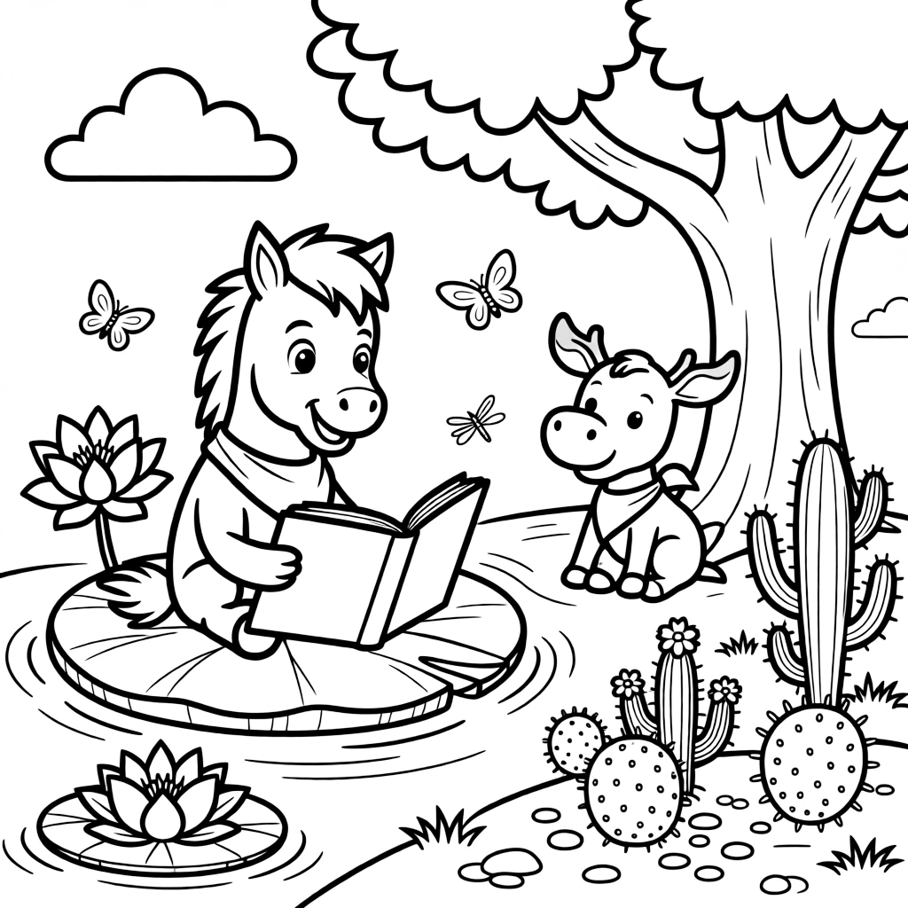 A foal on a floating lily raft, reading a storybook under a tree with a moose calf, next to a cactus garden.