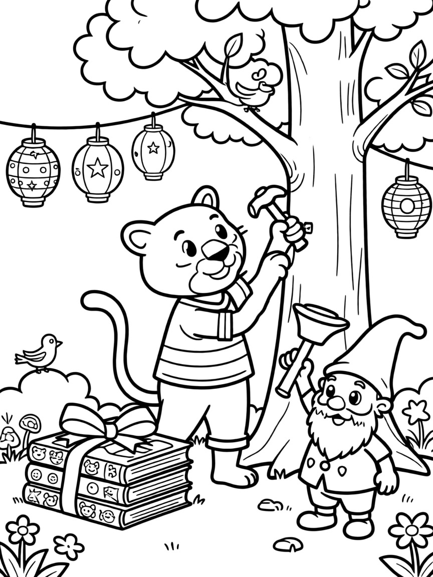 At a lively night market strung with paper lanterns, a brave panther night watch hero is busy building a treehouse with hammer and nails, cheered on by a stack of picture books tied with ribbon and a garden gnome tipping his pointy hat. It feels like the best day ever for everyone involved.