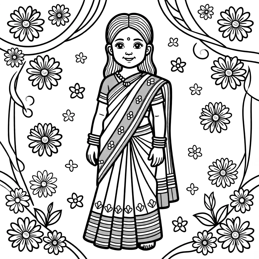 A coloring page from Bangladesh showing a child wearing a bright red and white sari for New Year, posed for a festival photo with flowers and ribbons decorating the background.