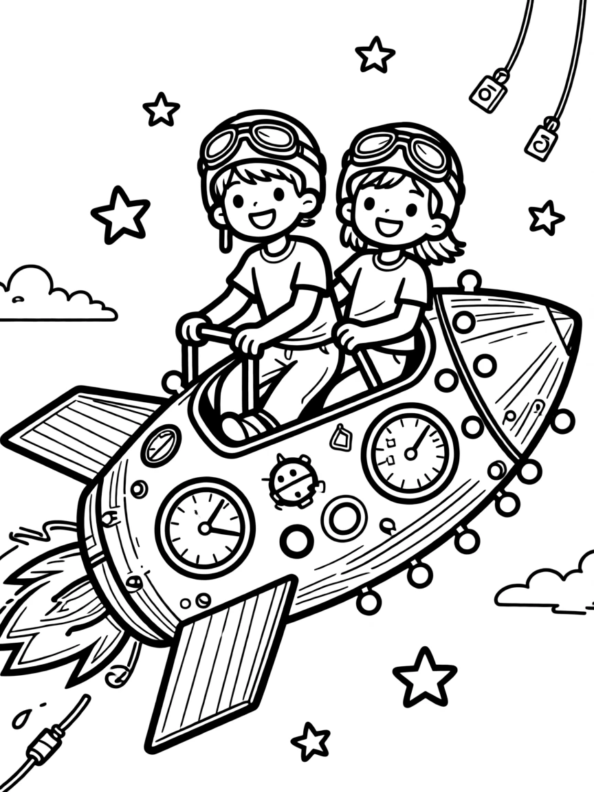 a proud pair of best friends pilots a cardboard rocket ship covered in dials and blinking paper lights.
