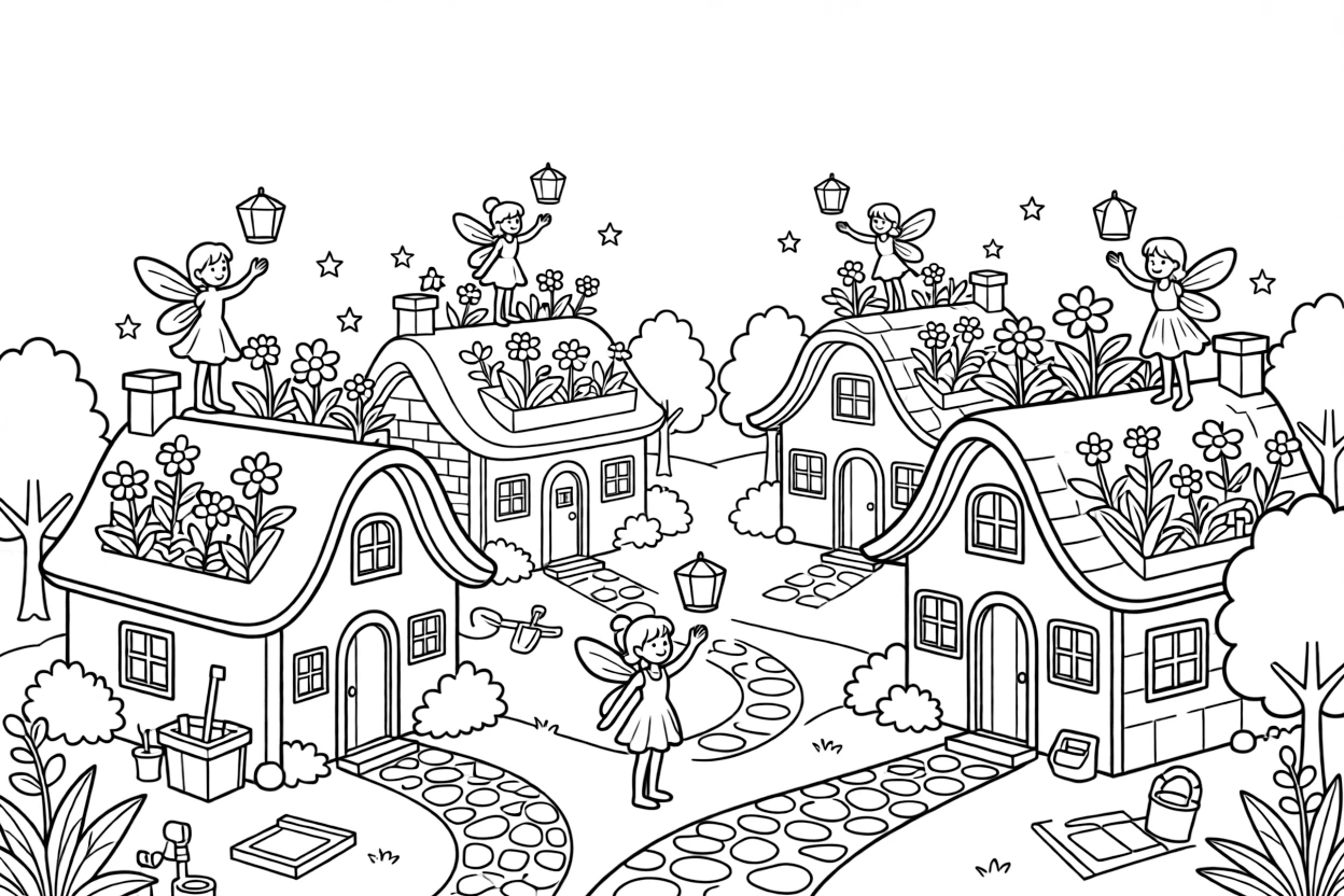 A festival of lanterns lights up a fairy village at night, tiny paper lanterns shaped like stars floating above rooftop gardens.