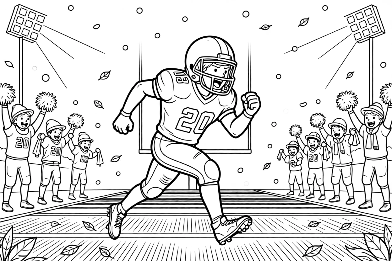 [Sports] a football running back sprinting down the field on a football field under stadium lights, letting out a triumphant roar. Nearby, teammates cheer from the sidelines. A goal or hoop stands ready in the frame. The scene is captured on a crisp autumn afternoon, with snow gently falling, giving the page a lively and adventurous feel that invites plenty of colorful detail.