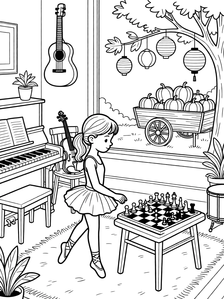 A girl chess player pondering her next move is practicing gentle ballet twirls inside a music room lined with instruments. Just beyond, a wagon piled high with pumpkins and paper lanterns hanging from low branches make the setting feel extra special.