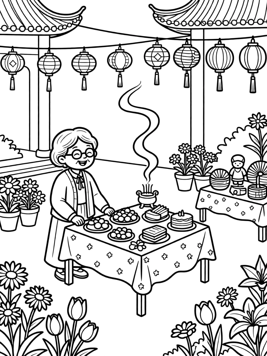 A cheerful grandmother admiring a picnic table spread with festive dishes in a temple courtyard filled with flowers and incense smoke, near a string of colorful paper lanterns and a display of handmade crafts.