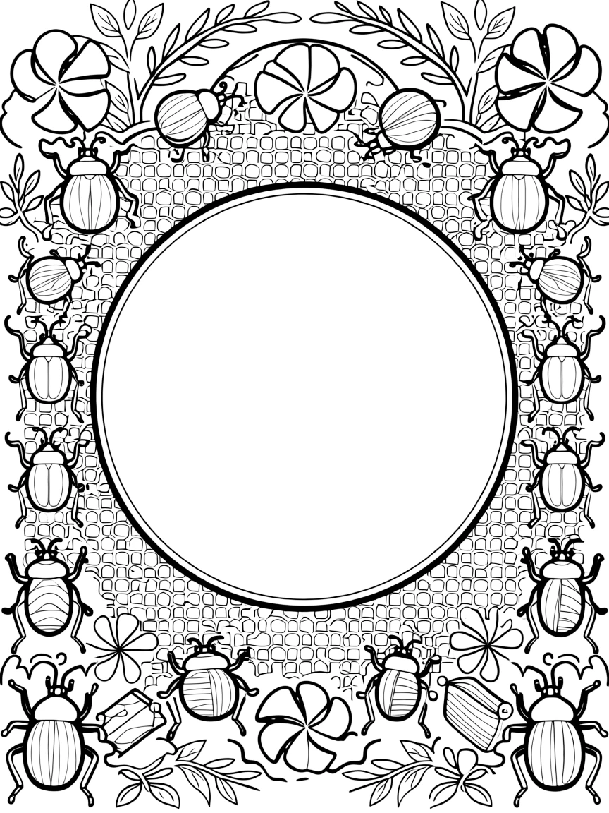 Insects & Bugs: The page centers on a repeating motif of a beetle with a glossy rounded shell back, built around a spiral mandala that winds gently from center to edge. The motif is shown marching in a repeating row all the way around the border of the page, framing an open medallion left blank in the center. Decorative details fill the surrounding space, including pinwheel blades spinning in place, rows of gentle leaf veins branching outward, and a field of tiny honeycomb cells woven throughout the background. A playful extra touch completes the page: a small treasure chest half-hidden along one edge of the design.