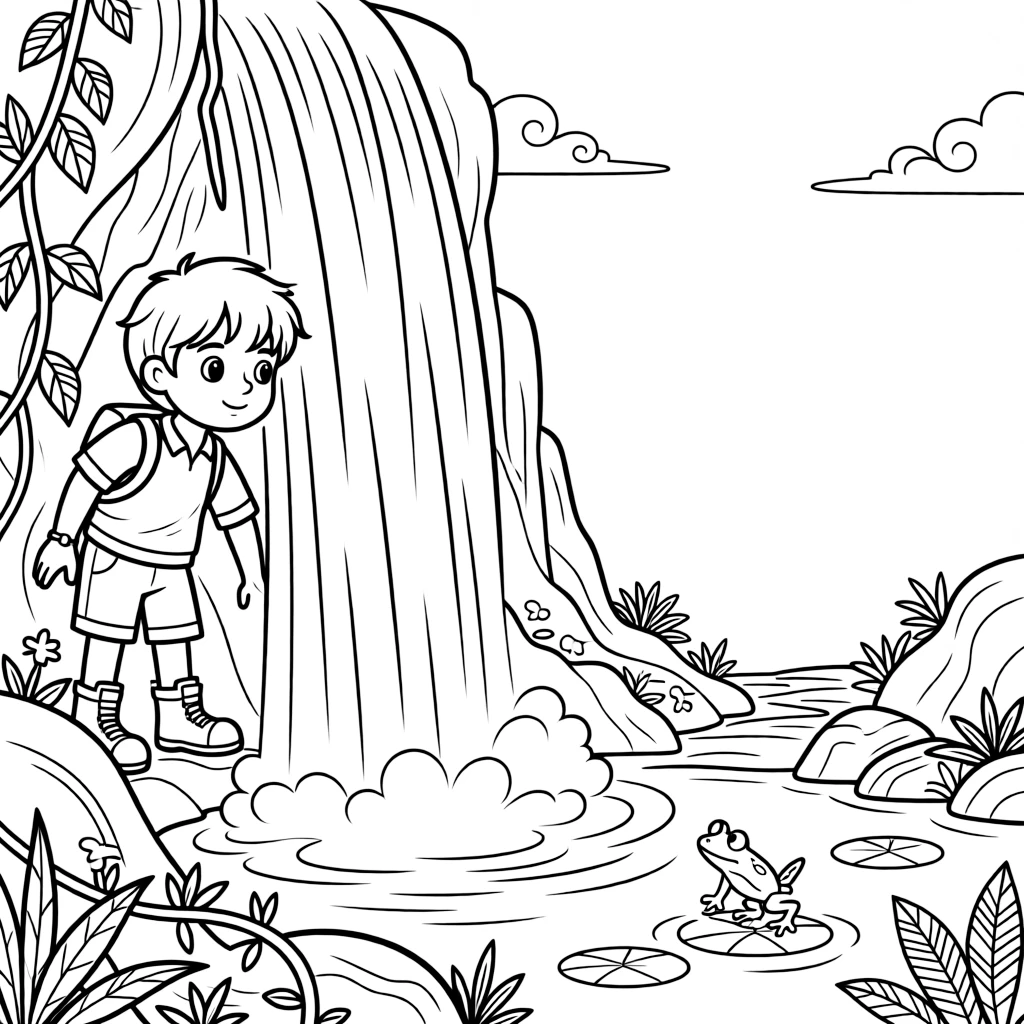 [Waterfalls] A brave young explorer stands behind a curtain of falling water, peeking out at a hidden jungle path. A tiny frog hops across lily pads floating near the edge of the misty pool. Moss-covered boulders and tangled vines surround the base of the roaring waterfall. The steady rush of falling water fills the air beneath a bright, clear sky.