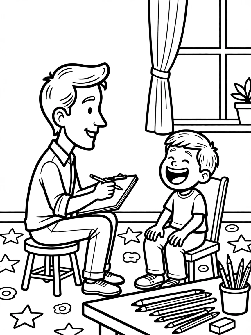 A caricature artist draws a funny big-headed portrait of a laughing customer.