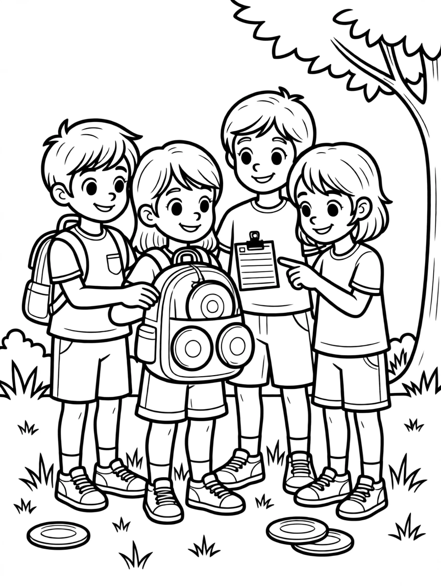 A team of neighborhood kids, checking a scorecard clipped to a backpack full of colorful discs.