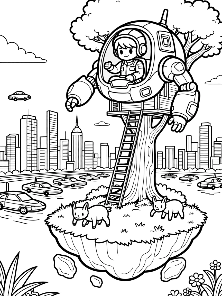 Young pilot Pogo riding inside the friendly giant mech Star-Titan constructing a treehouse on top of a floating island in a bustling futuristic city with towering glass skyscrapers and flying cars, as a row of docked spaceships gleaming in the light and a herd of gentle six-legged alien creatures grazing nearby fill the scene.