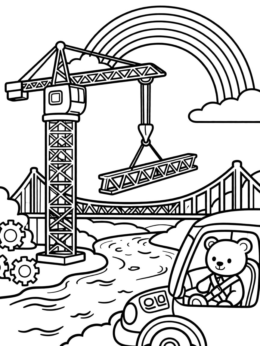 In this scene, a tall tower crane lifting a steel beam is the star of a long bridge stretching over a sparkling river, joined by a teddy bear buckled safely into the passenger seat, with a rainbow arching across the sky and gears and control panels glowing softly scattered throughout for kids to color.