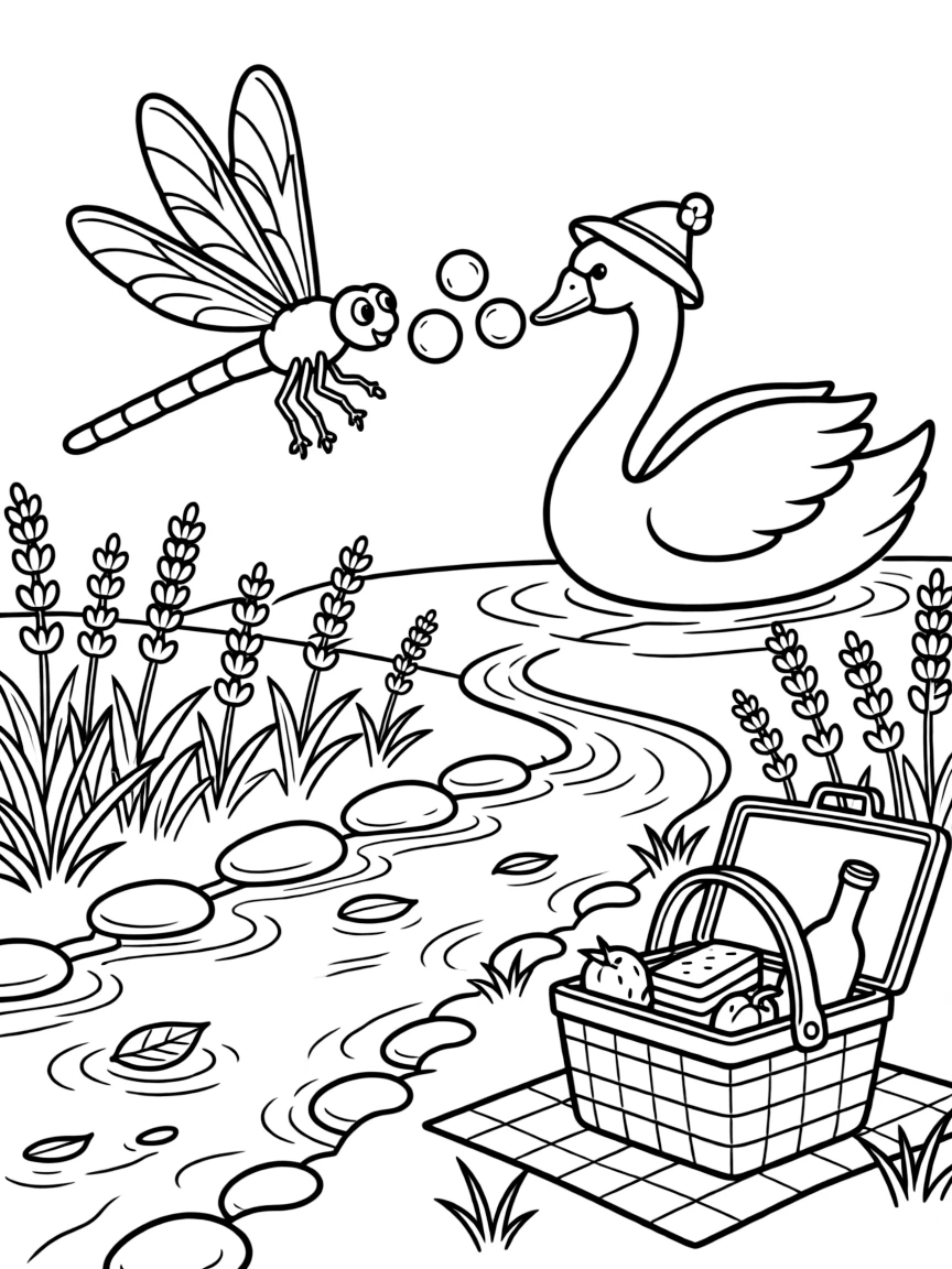 A dragonfly beside a bubbling brook, blowing bubbles with a swan, next to a lavender field, with a picnic basket full of treats nearby.
