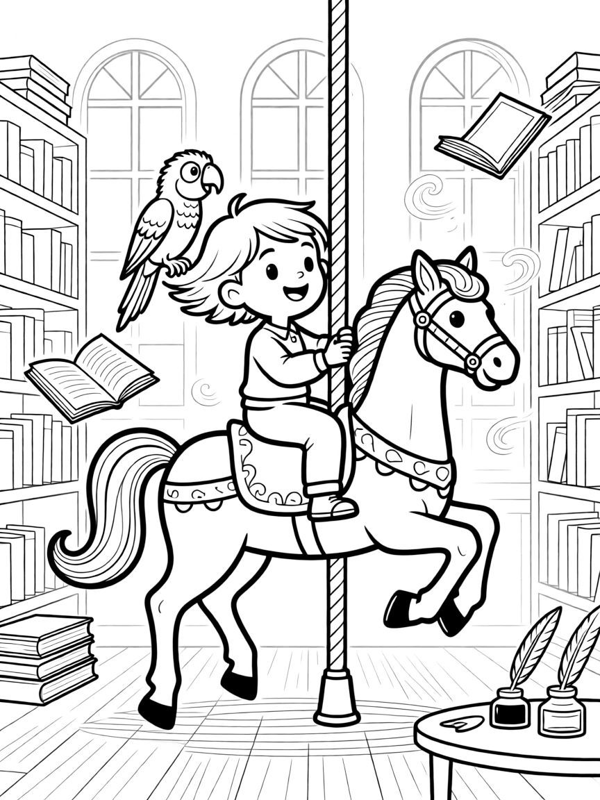 In a magical library where the books float and flutter, a curious carousel horse come to life discovers the joy of riding a carousel horse that has come to life, while a chatty parrot perched on one shoulder watches happily nearby. The whole crew is grinning from ear to ear.