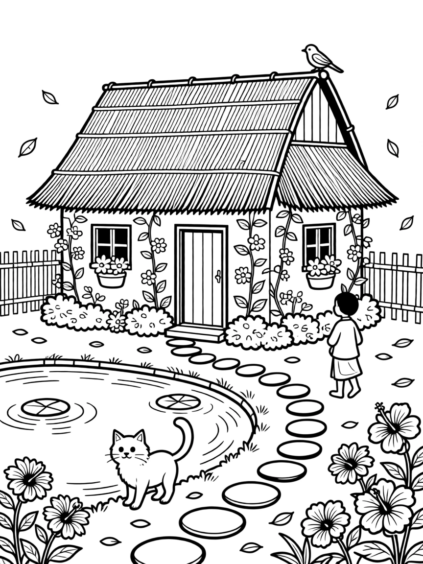 A coloring page of a charming home scene in Bangladesh showing a village house with a curved bamboo roof beside a pond, with a garden path, a small pet, and flowers growing along the walls.