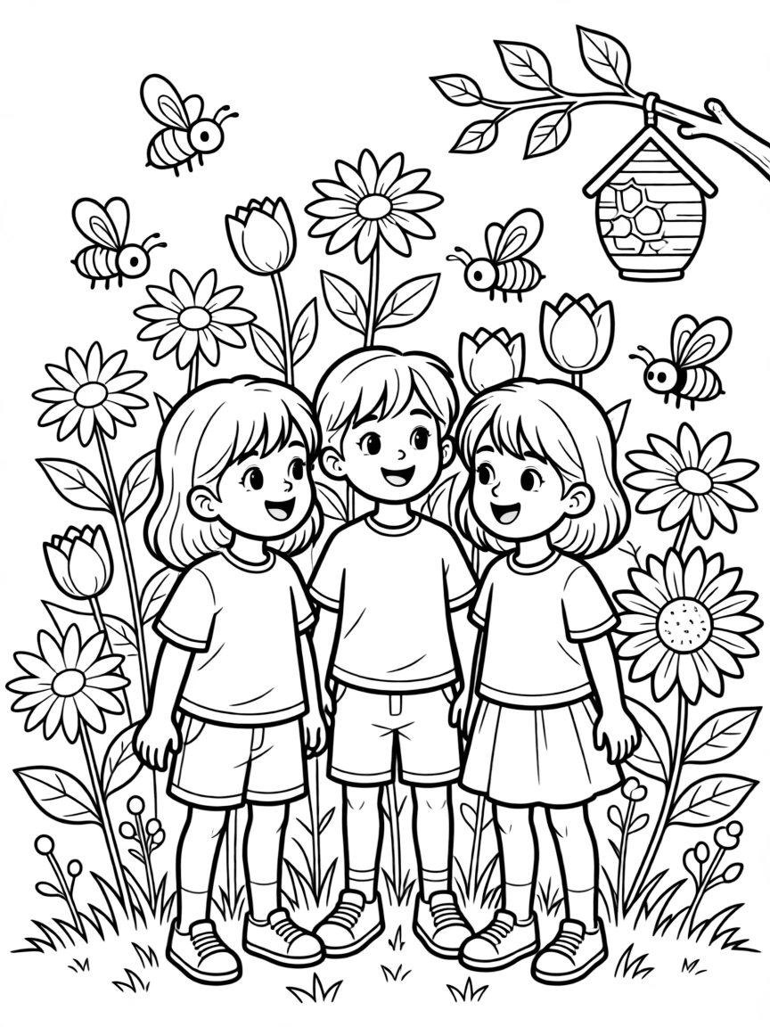 a giggling group of three kids watches bees buzz between flowers, learning how they make honey.
