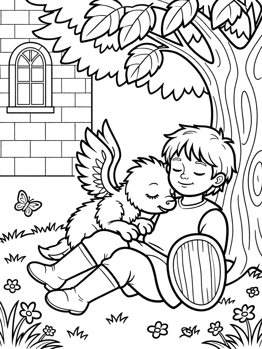 A young knight and a baby griffin nap together beneath a shady tree after a long day of training in the castle yard.
