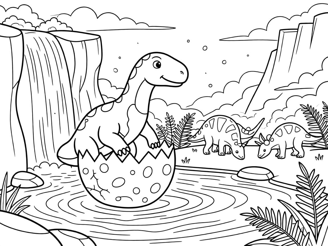 [Dinosaurs] a gentle giant apatosaurus hatching from a large speckled egg by a waterfall crashing into a lagoon. In the background, a family of smaller dinosaurs grazes on ferns, adding extra fun to explore. Craggy cliffs frame the horizon in the distance. It all happens just after a rainstorm, with dust kicked up by the wind.