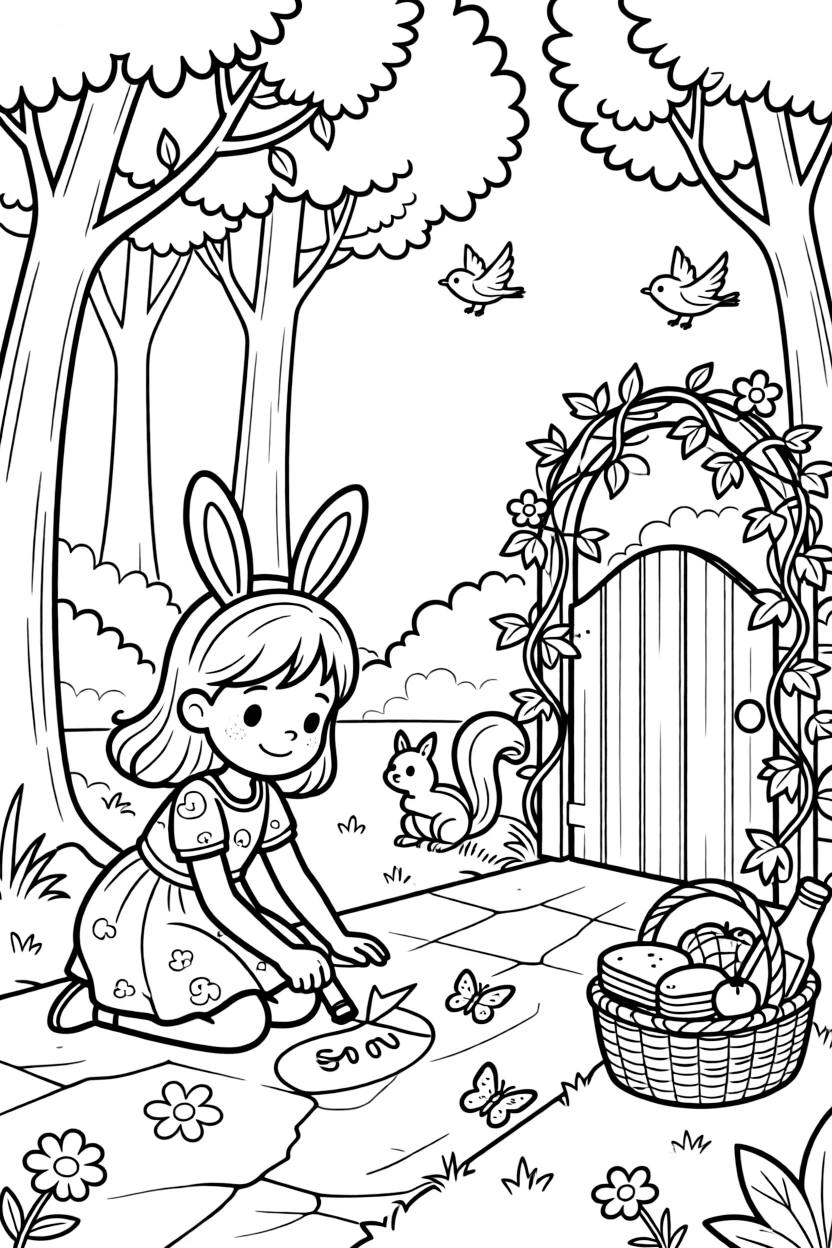 A girl wearing bunny ears for a spring festival is drawing with colorful chalk on the sidewalk in a quiet clearing of an enchanted forest. Close by, a garden gate covered in climbing ivy and a picnic basket overflowing with treats make the scene feel magical.